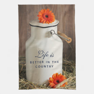 Rustic White Milk Jug with Flowers Tea Towel