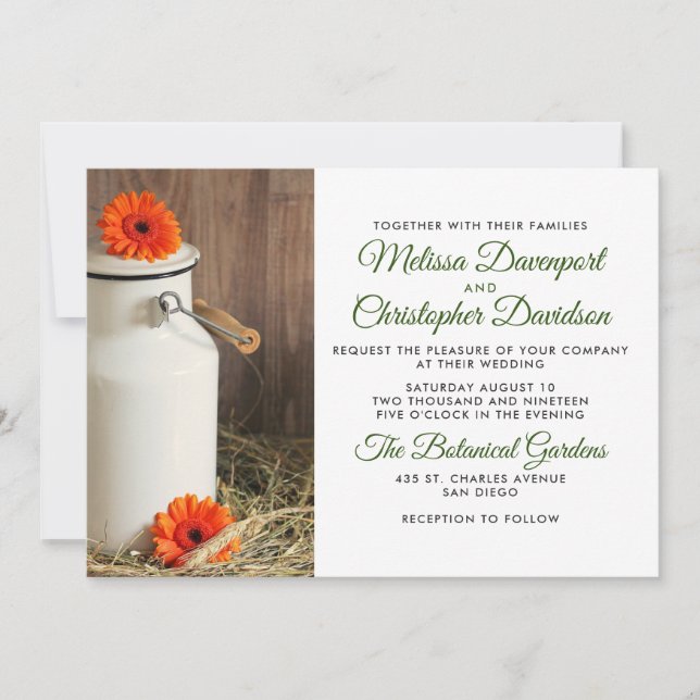 Rustic White Milk Jug with Flowers Wedding Invitation (Front)
