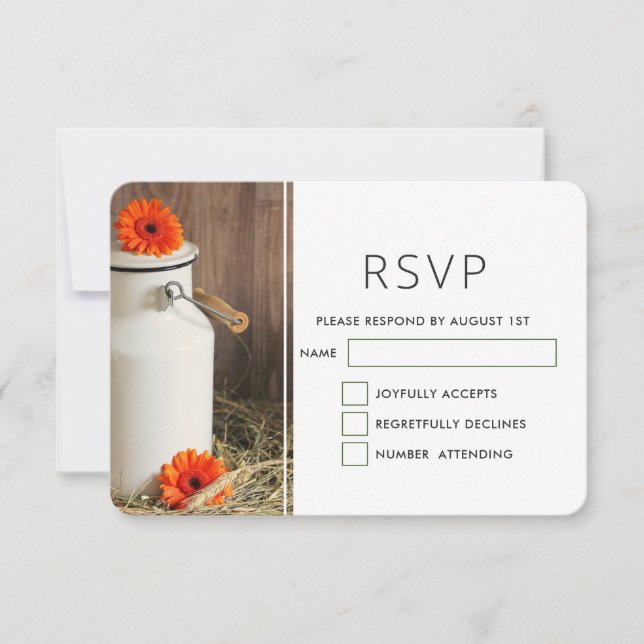 Rustic White Milk Jug with Flowers Wedding RSVP Card (Front)