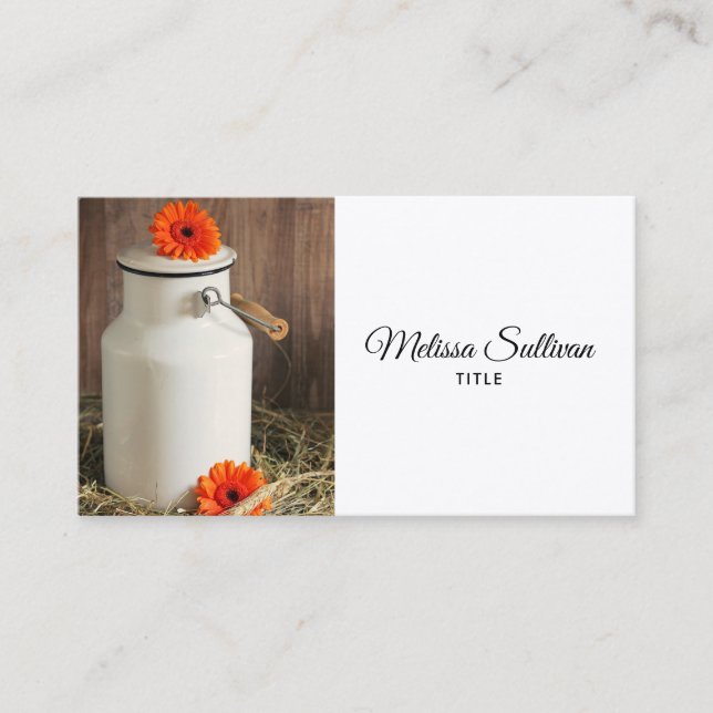 Rustic White Milk Jug with Orange Flowers Photo Business Card (Front)