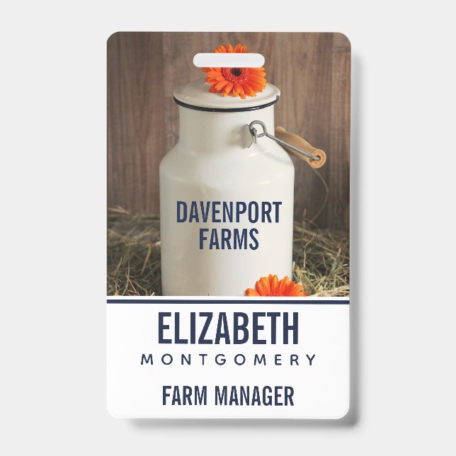 Rustic White Milk Jug with Orange Flowers Photo ID Badge (Front)