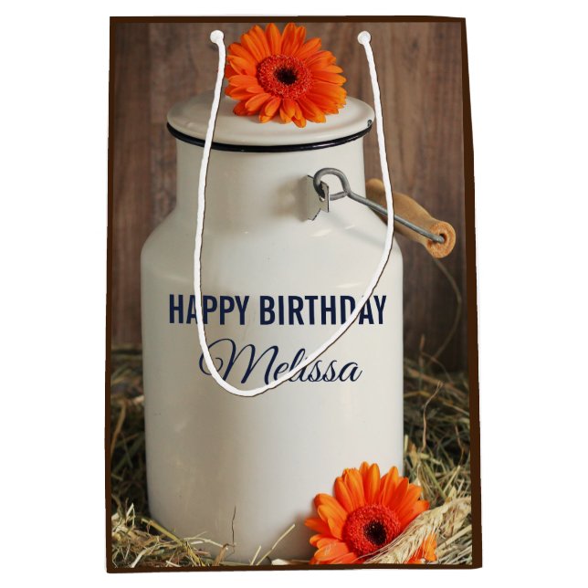 Rustic White Milk Jug with Orange Flowers Photo Medium Gift Bag (Front)