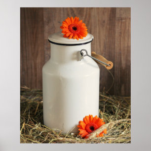 Rustic White Milk Jug with Orange Flowers Photo Poster