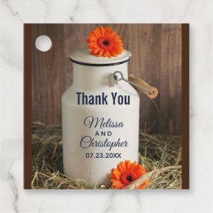 Rustic White Milk Jug with Orange Flowers Wedding Favour Tags
