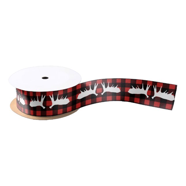 Rustic White Moose Antlers Buffalo Check Plaid Satin Ribbon (Spool)