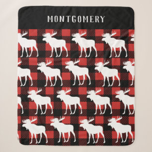 Rustic White Moose & Buffalo Check Plaid Sherpa Blanket