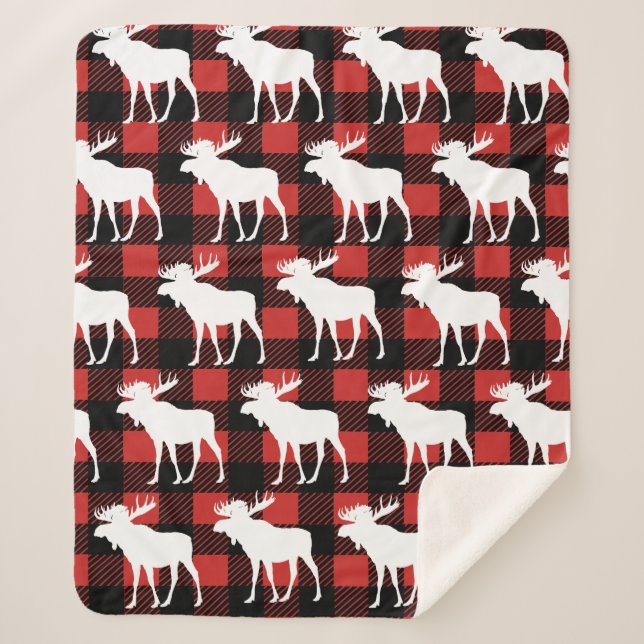 Rustic White Moose & Buffalo Check Plaid Sherpa Blanket (Front)