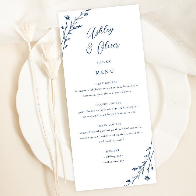 Rustic White & Navy Blue Floral Wedding Menu Card (Creator Uploaded)