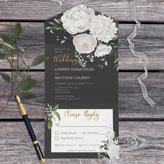 Rustic White Peonies Floral on Black Dinner All In One Invitation (Creator Uploaded)