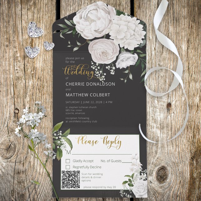 Rustic White Peonies Floral on Black QR Code All In One Invitation (Creator Uploaded)