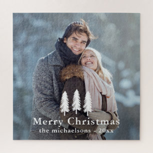 Rustic White Pine Trees Christmas Holiday Photo Jigsaw Puzzle
