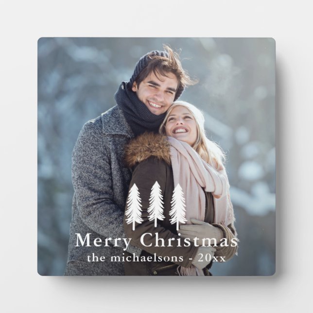 Rustic White Pine Trees Christmas Holiday Photo Plaque (Front)