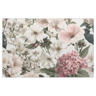 Rustic White Pink Botanical Pastel Vintage Floral Fabric