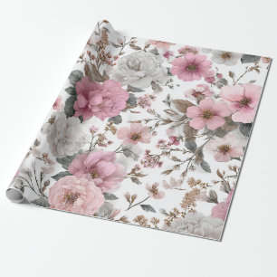 Rustic White Pink Botanical Pastel Vintage Floral Wrapping Paper