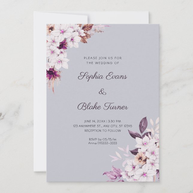 Rustic White Pink Flowers Boho Cloud Grey Wedding Invitation (Front)