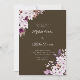 Rustic White Pink Flowers Boho Wood Brown Wedding Invitation