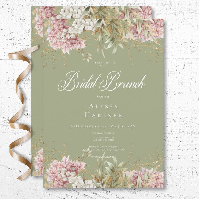 Rustic White & Pink Hydrangea Green Bridal Brunch Invitation (Rustic White & Pink Hydrangea Green Bridal Brunch Invitation)