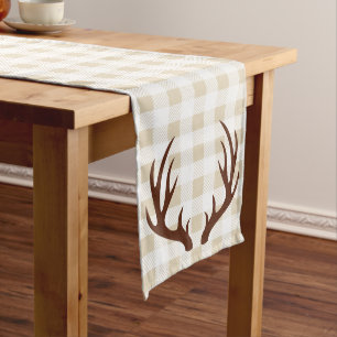 Rustic White Plaid Brown Deer Antlers Long Table Runner