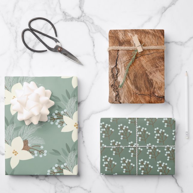 Rustic White Poinsettia And Greenery Wrapping Paper Sheet (Front)