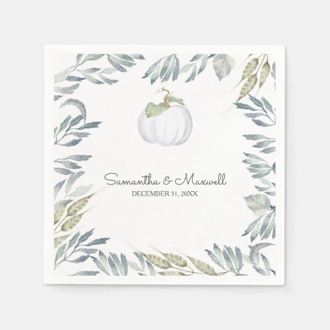 RUSTIC White Pumpkin and Greenery Napkin (Front)