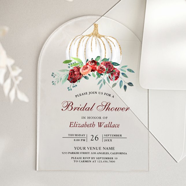 Rustic White Pumpkin Burgundy Floral Bridal Shower Acrylic Invitations (Creator Uploaded)