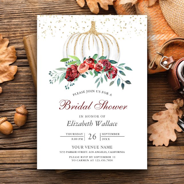 Rustic White Pumpkin Burgundy Floral Bridal Shower Invitation (Creator Uploaded)