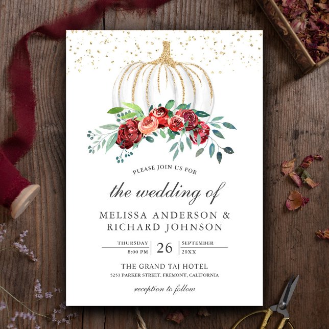 Rustic White Pumpkin Burgundy Floral Fall Wedding Invitation (Creator Uploaded)