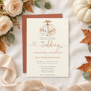 Rustic White Pumpkin Fall Floral Cream Wedding   Invitation