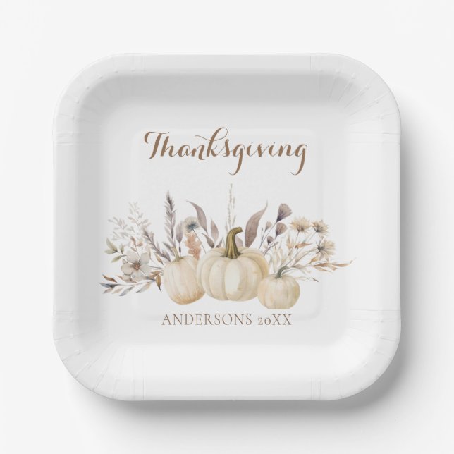 Rustic White Pumpkin Thanksgiving Paper Plate (Front)