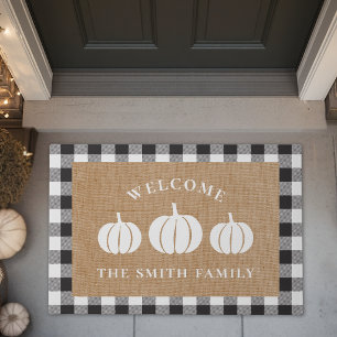 Rustic White Pumpkins Family Name Welcome Doormat