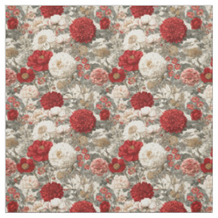 Rustic White Red Botanical Pastel Vintage Floral Fabric