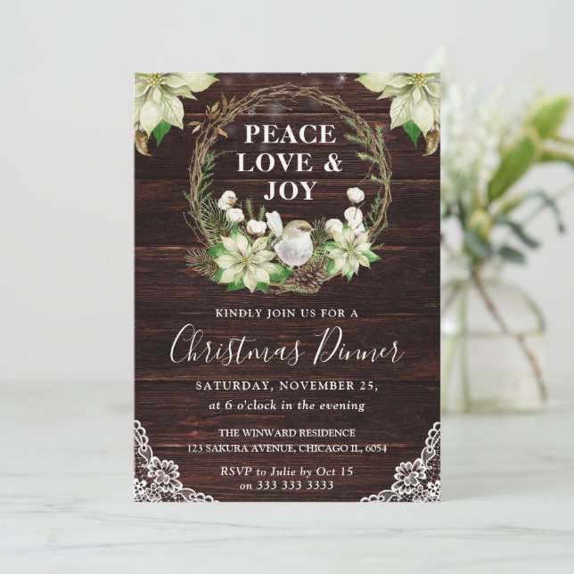 Rustic White Robin Holly Wreath Christmas Dinner Invitation (Standing Front)