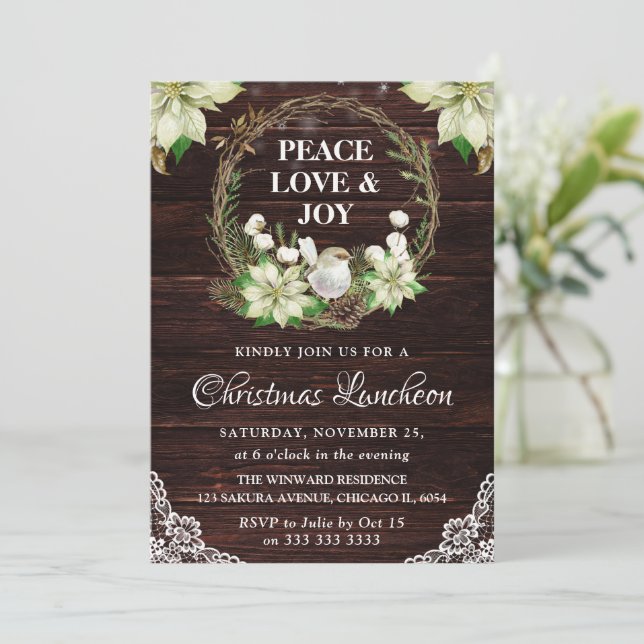 Rustic White Robin Holly Wreath Christmas Luncheon Invitation (Standing Front)