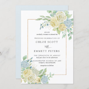 Rustic White Rose Blue Hydrangea Floral Wedding Invitation