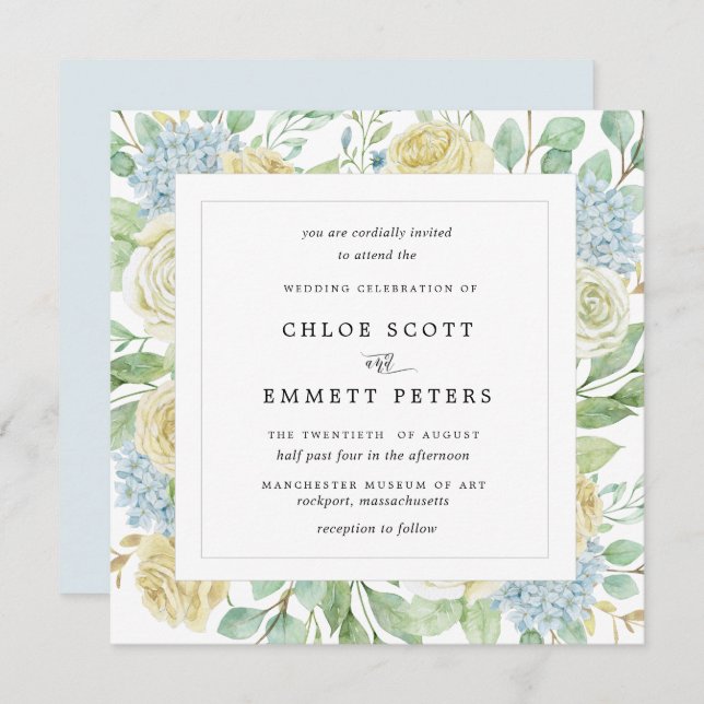 Rustic White Rose Blue Hydrangea Square Wedding Invitation (Front/Back)