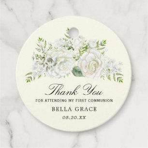 Rustic White Rose Floral First Communion Thank You Favour Tags