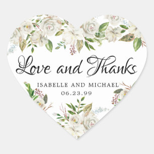 Rustic White Rose Floral Thank You Wedding Heart Sticker