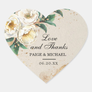 Rustic White Rose Floral Thank You Wedding Heart Sticker