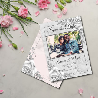 Rustic White Rose Photo Template Save the Date