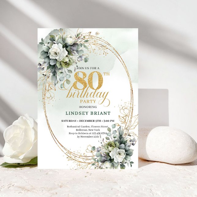 Rustic White Roses Boho 80th Birthday Invite (Rustic White Roses Boho 80th Birthday Invite)