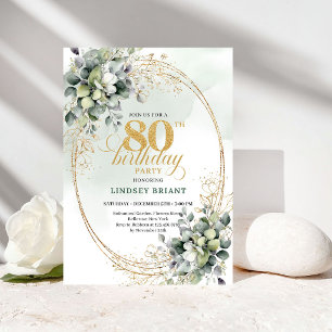 Rustic White Roses Botanical 80th Birthday Invite