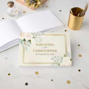 Rustic White Roses & Eucalyptus Elegant Wedding Guest Book