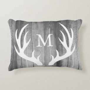 Rustic White Silhouette Buck Antlers & Grey Wood Decorative Cushion