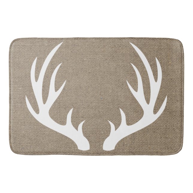 Rustic White Silhouetted Deer Antlers Faux Burlap Bath Mat (Front)