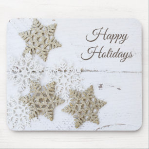 Rustic WhIte Snowflakes Happy Holidays Winter Mouse Pad