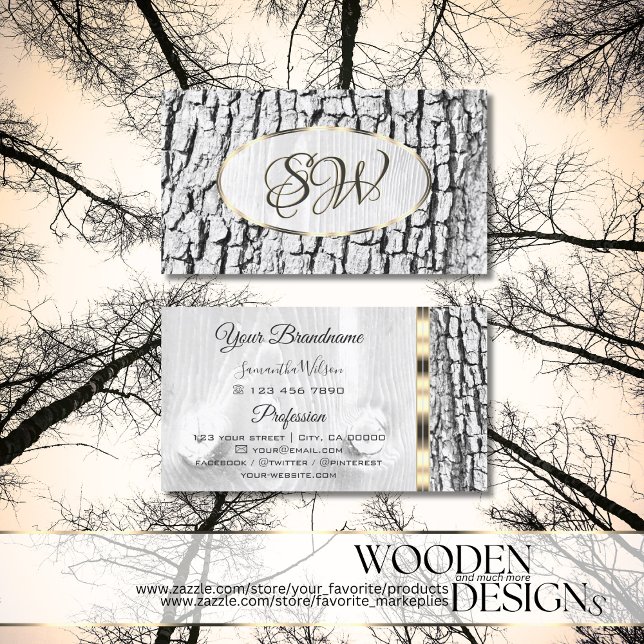 Rustic White Tree Bark Oval Gold Border Monogram Business Card (Creator Uploaded)