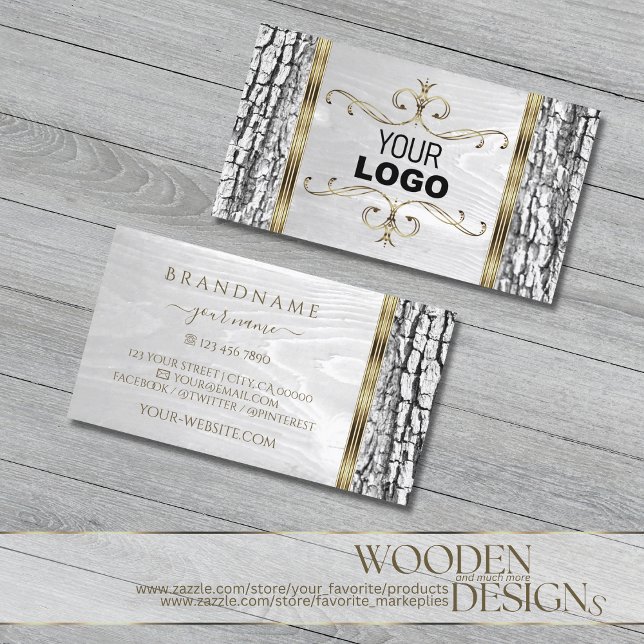 Rustic White Tree Bark Wood Grain Gold Border Logo Business Card (Creator Uploaded)