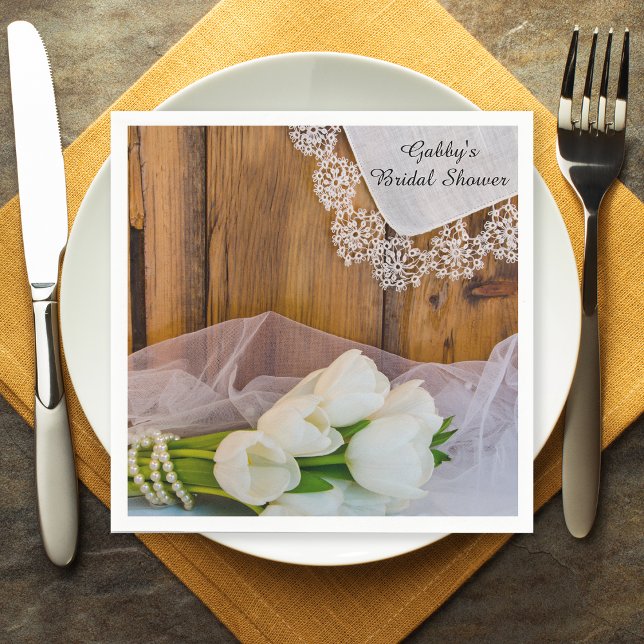 Rustic White Tulips Country Barn Bridal Shower Napkin (Creator Uploaded)