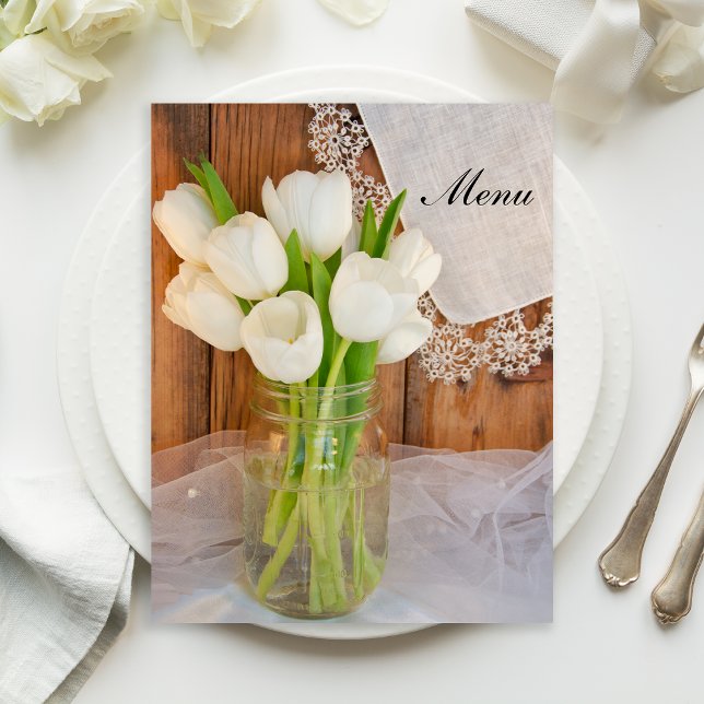 Rustic White Tulips in Mason Jar Barn Wedding Menu (Creator Uploaded)