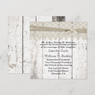 Rustic White Washed Wood and Lace Wedding Invitation
